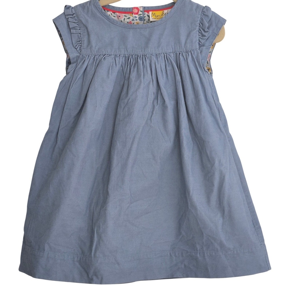 Mini Boden Girls Blue Corduroy Floral Lined Ruffle Dress 3-4Y 104cm